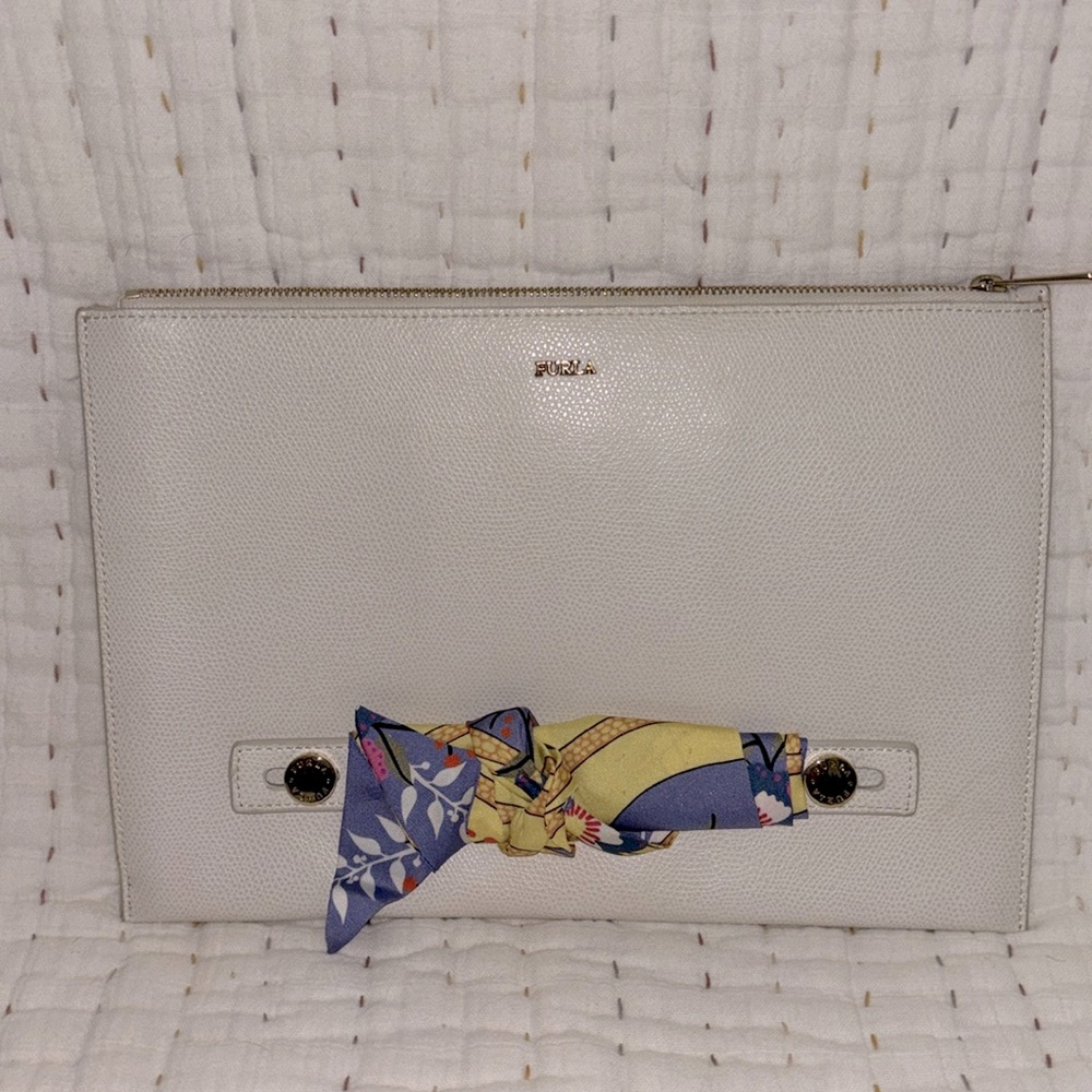 Furla White Leather Zip Clutch with Scarf Accent